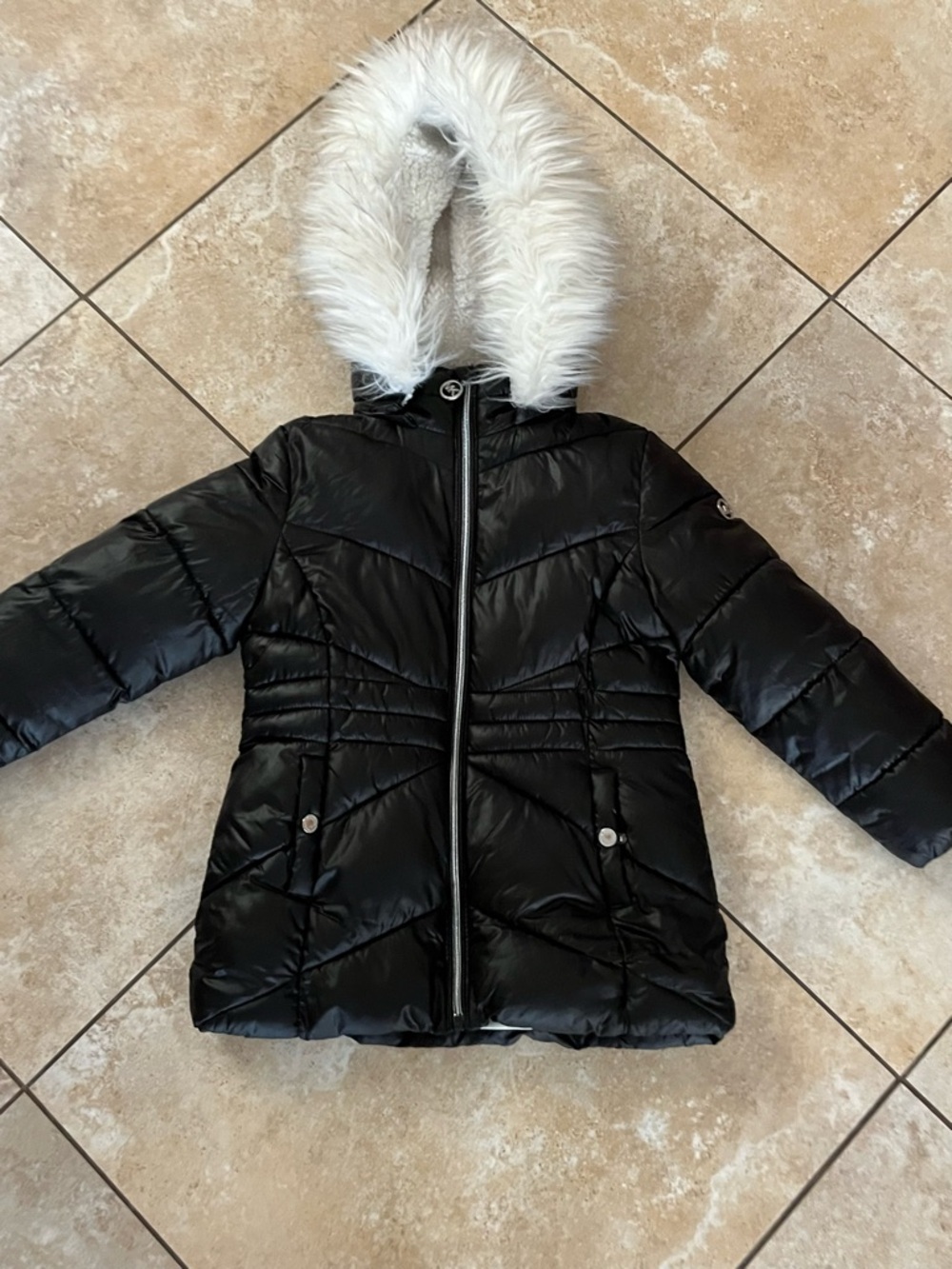 Michael Kors Girls' Black Puffer Coat with White Faux Fur Hood